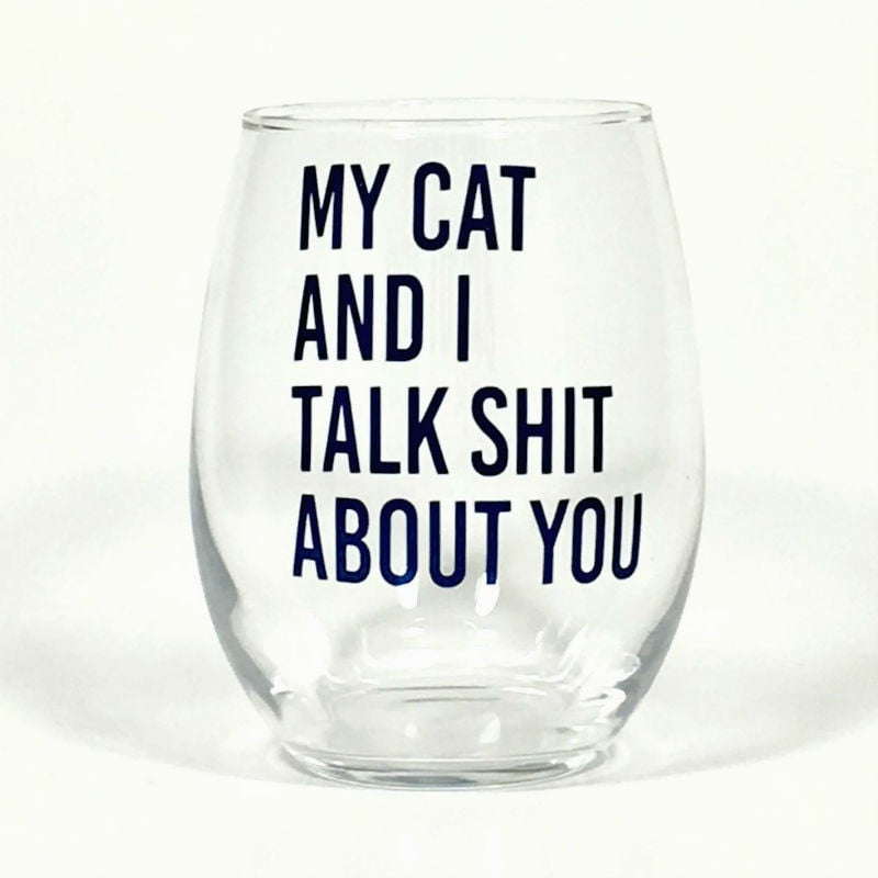my cat and i talk shit about you wine glass