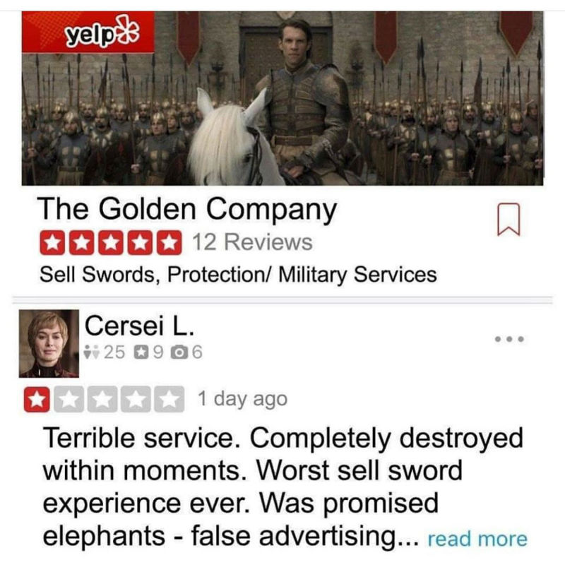 cersei golden company yelp review meme
