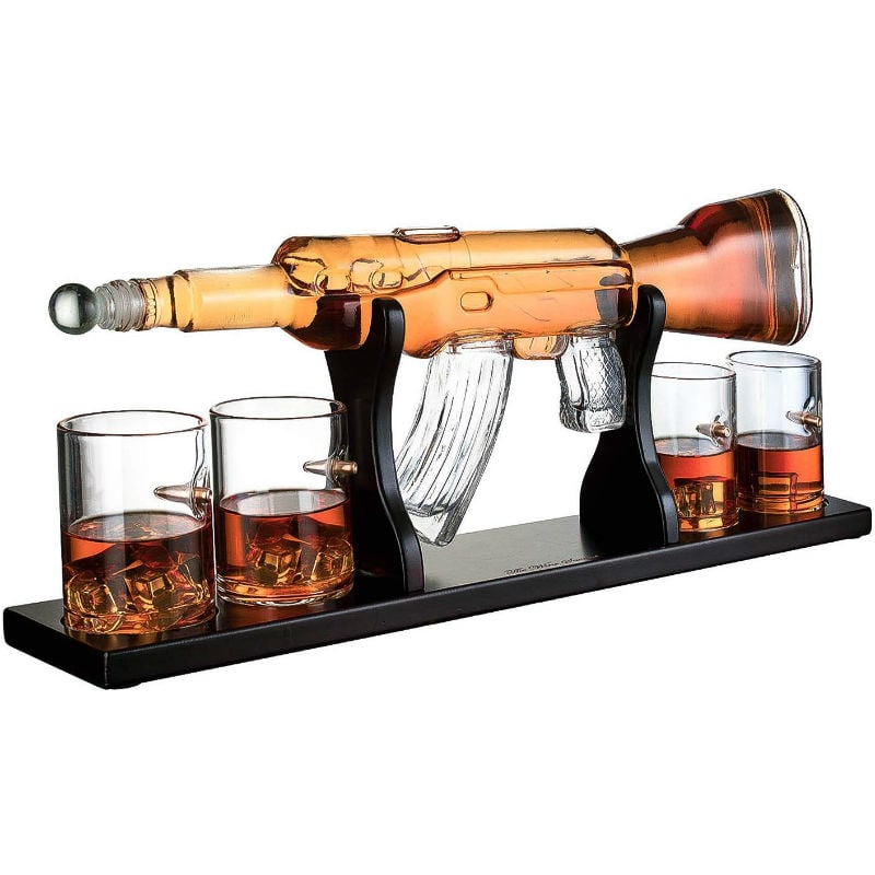 gun decanter with whiskey bullets