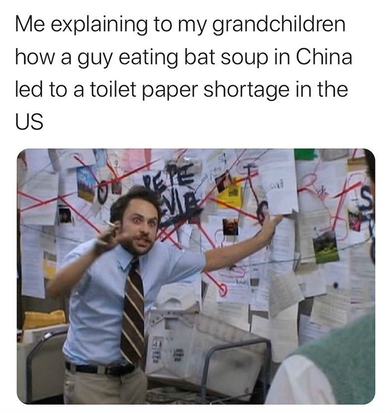me explaining how a guy in china eating bat soup led to a shortage of toilet paper in the us