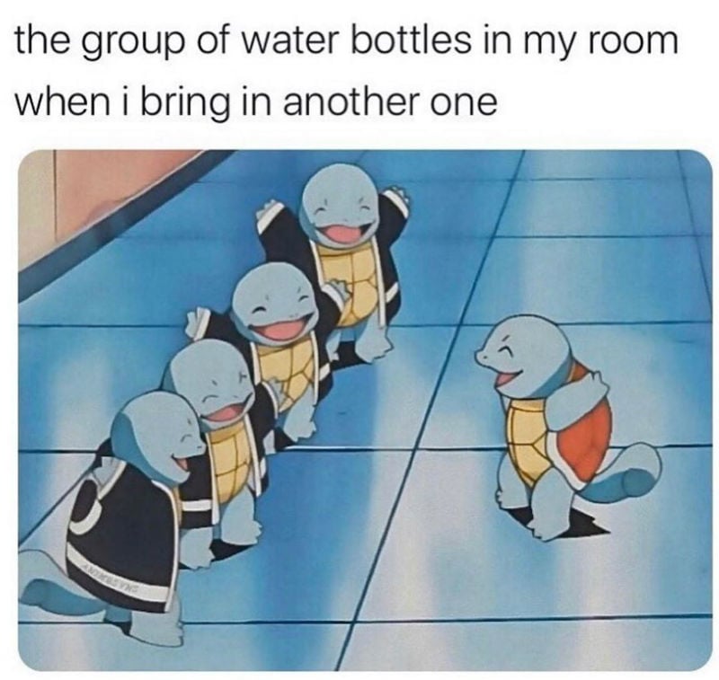 the group of water bottles in my room when i bring in another one meme