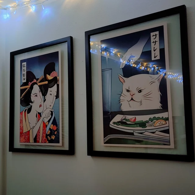 Woman Yelling at Cat Ukiyo-e Style Set of 2 Giclee Prints 