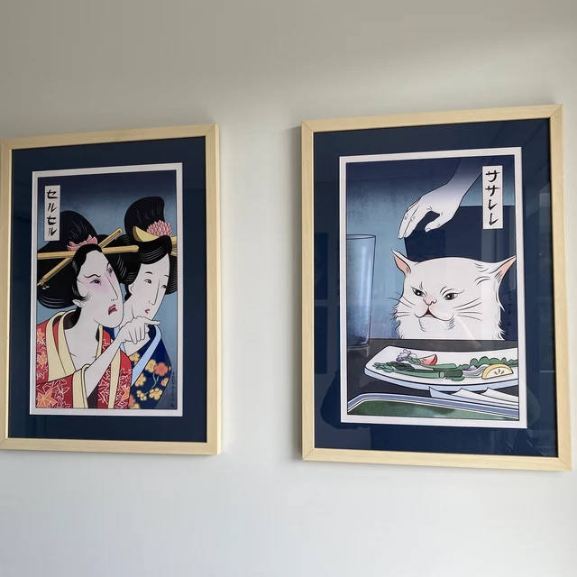 Woman Yelling at Cat Ukiyo-e Style Set of 2 Giclee Prints 