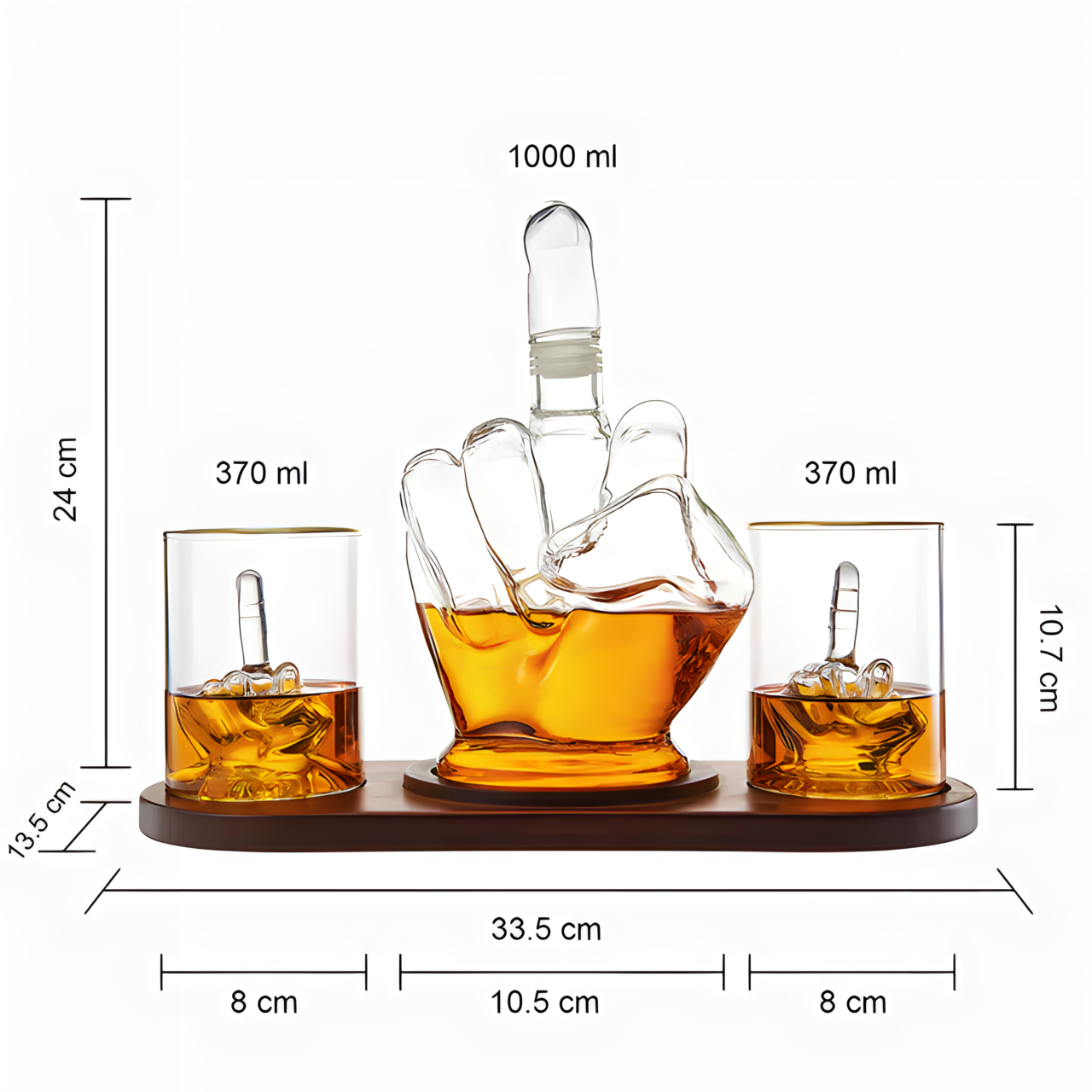 RUGLUSH Middle Finger Whiskey Decanter Set – Glass Decanter With 2 Glasses & Mahogany Base